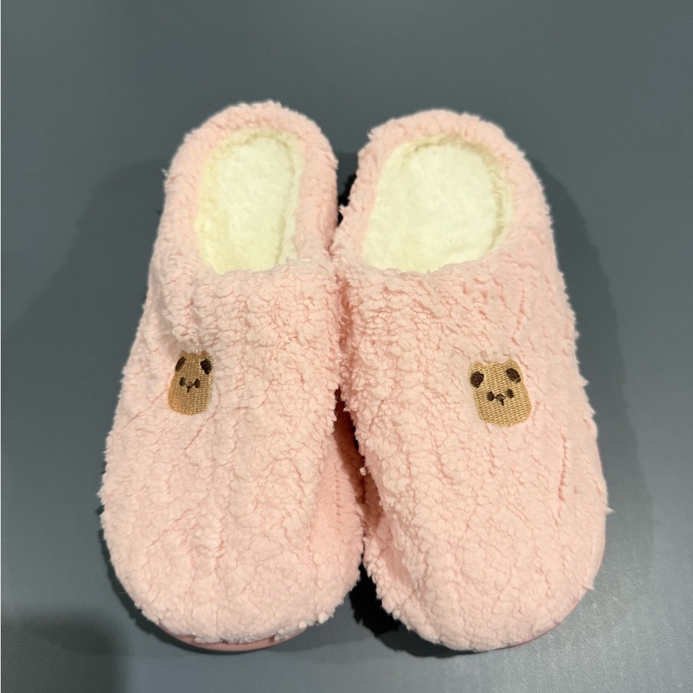 Cute Pink Fuzzy Slippers with Bear Design